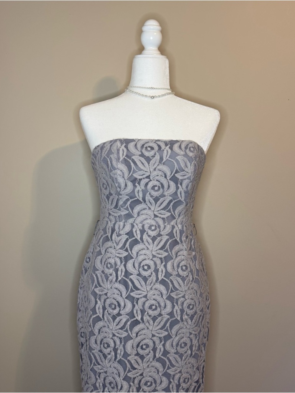 Suzi Chin for Maggy Boutique Strapless Gray Lace Sheath Dress